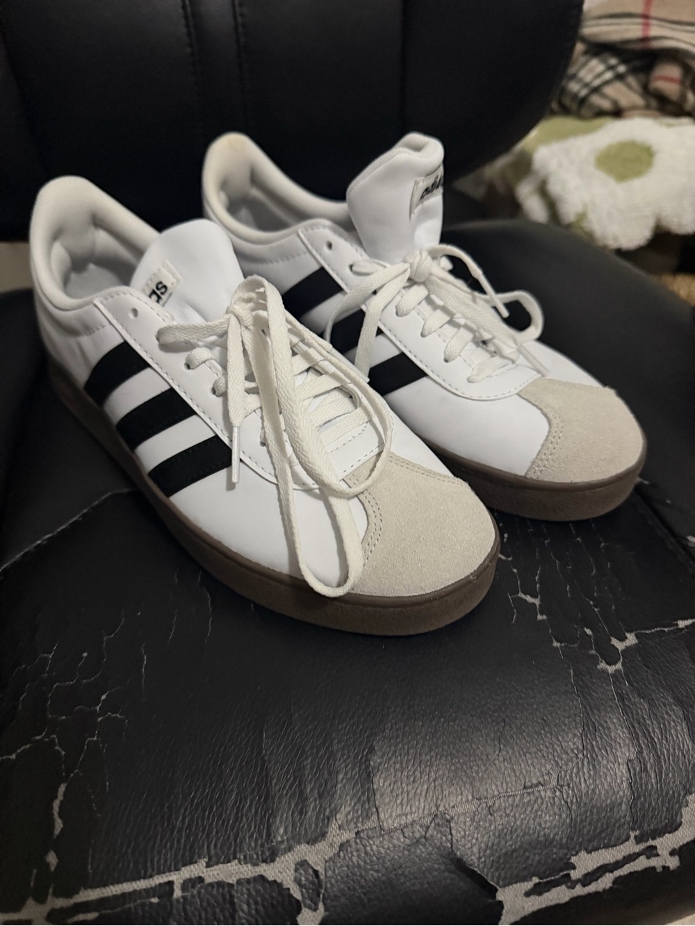 adidas White Sneakers with Black Stripes and Brown Sole - Picture 2 of 5